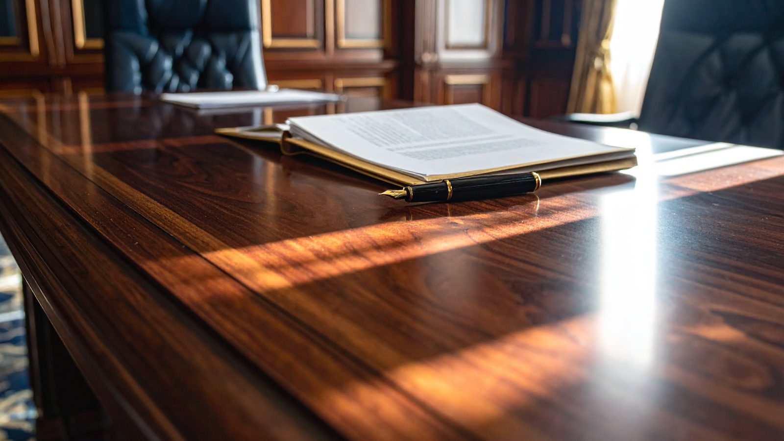 Manila folder and fountain pen on a wood desk, representing severance negotiation